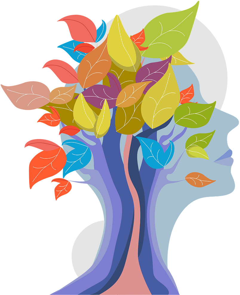 Silhouette with colorful leaves and branches.