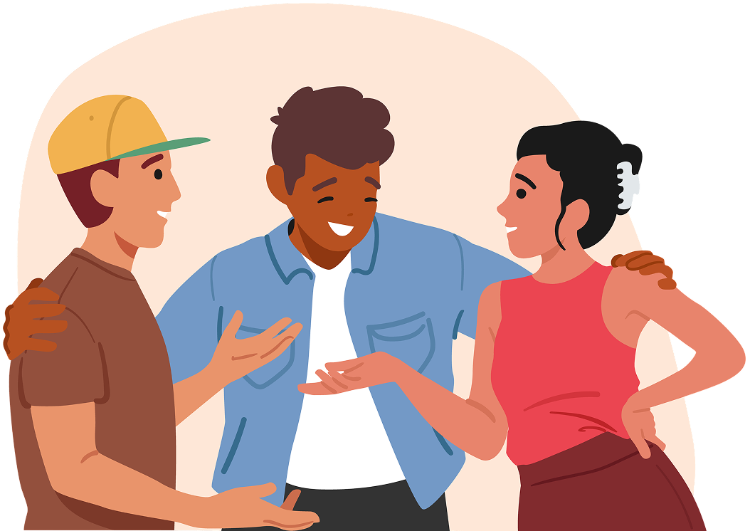 Three friends happily talking and laughing together.