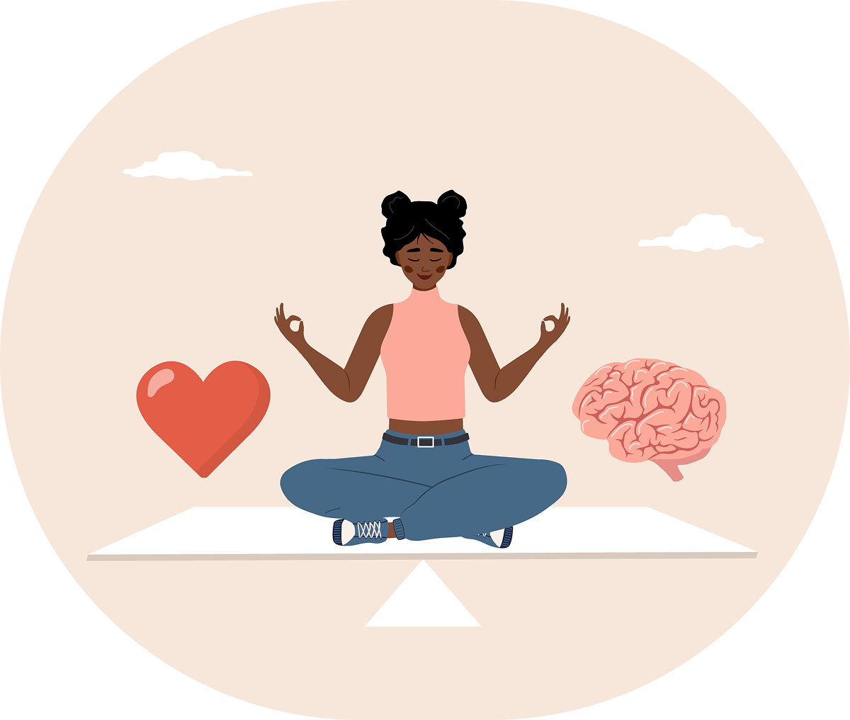 Meditating woman balancing heart and brain.