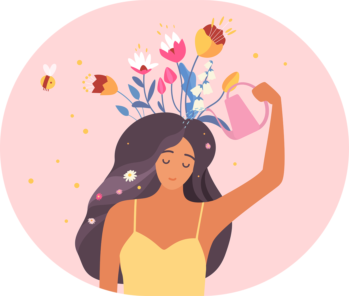 Woman watering flowers growing from hair.